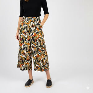 Multi Coloured Brush Stroke Patterned Wide Leg Cropped Cotton Pants Size S